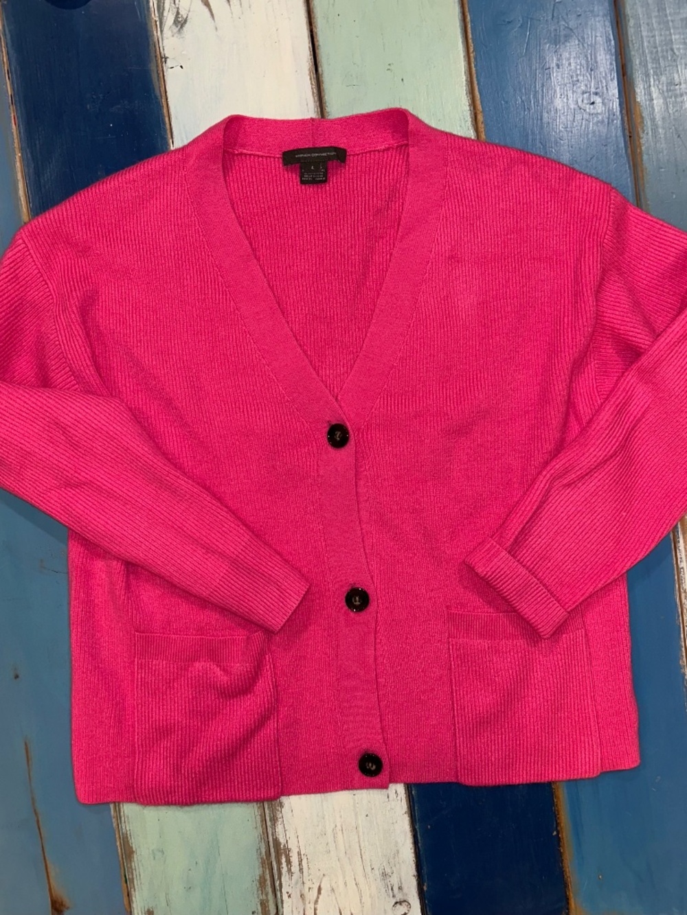 French Connection Women's Large Hot Pink Ribbed Cardigan Sweater